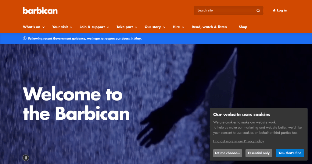 Barbican Centre website homepage in 2021