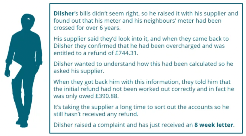 Example scenario from the Citizens Advice energy sector hack day, outlining how a customer might be struggling to get a resolution to a complaint about their bill