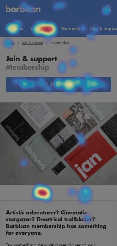 Hotjar heatmap showing how Barbican Centre website users interact with the membership page on a mobile device