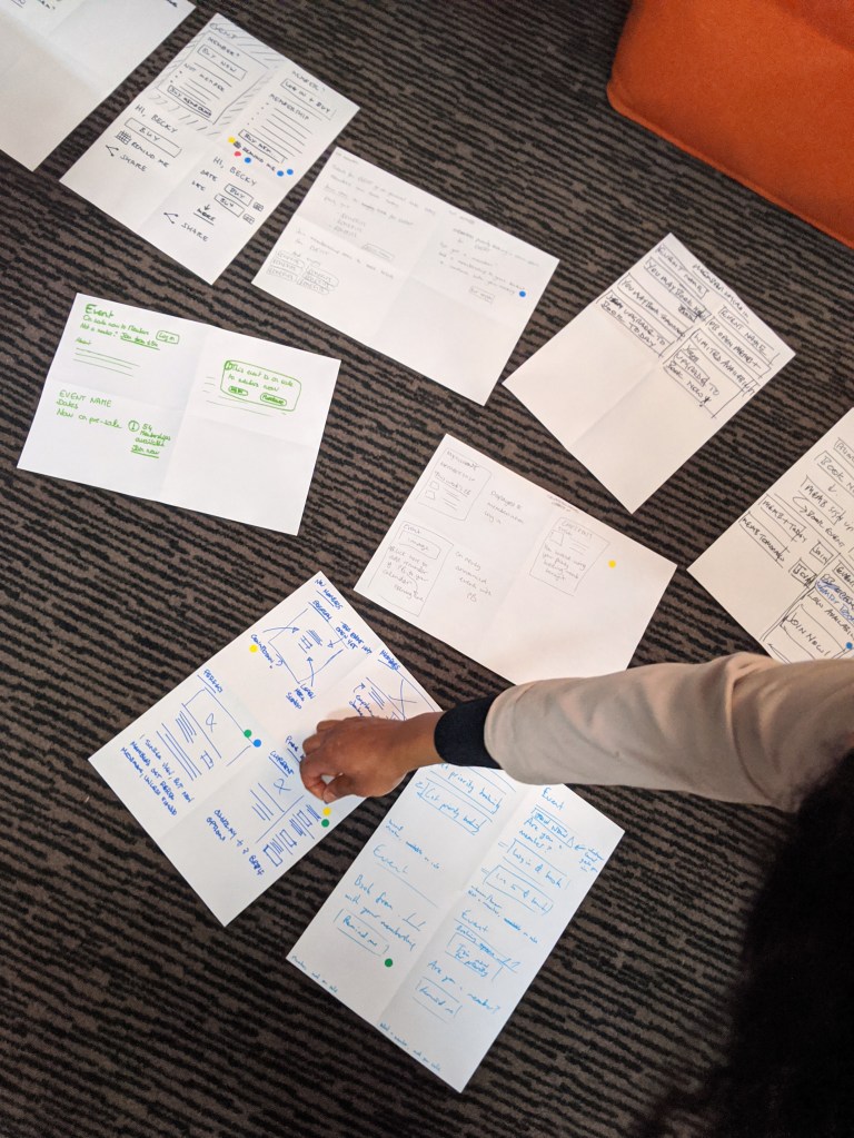 UX sketches laid out in a room so that people can dot vote on their favourite ideas