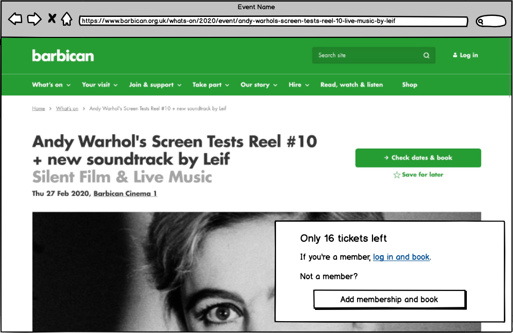 Balsamiq wireframe for the Barbican Centre website, illustrating an idea for a booking page where membership is better promoted