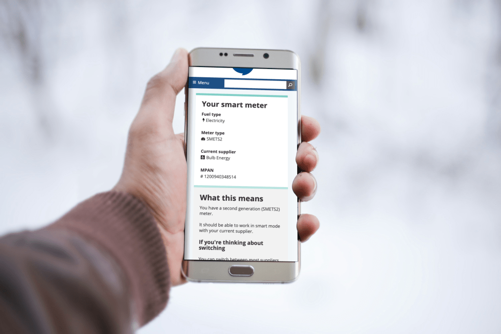 Mobile phone screen showing a prototype for a new smart meter checker tool created by Citizens Advice