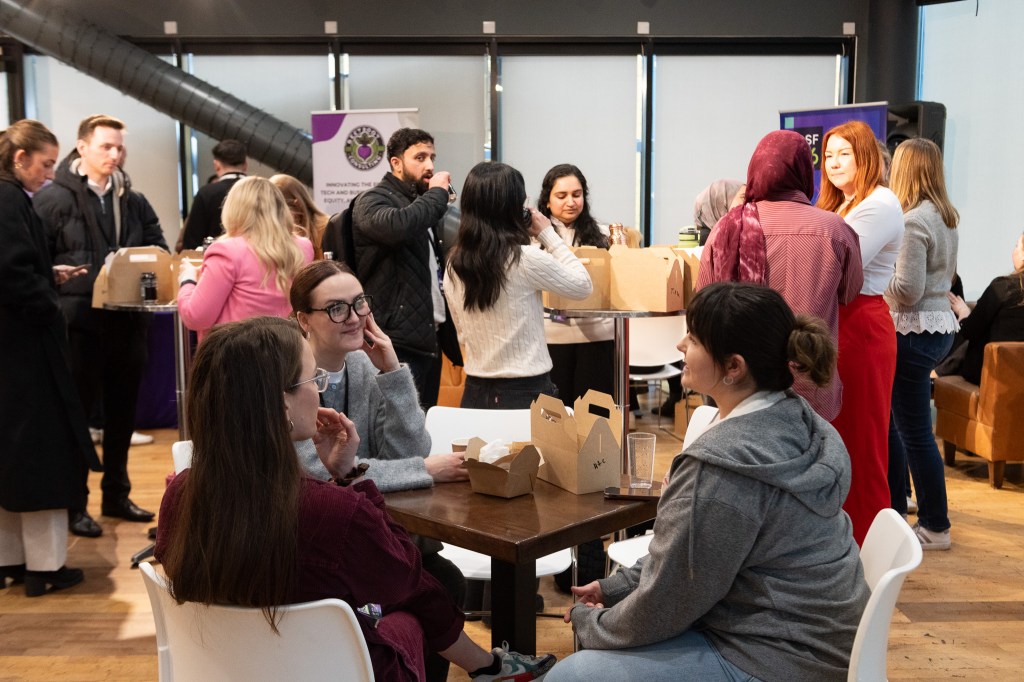 At Manchester Digital's Digital Her Day, Becky talks to other attendees during a break in talks