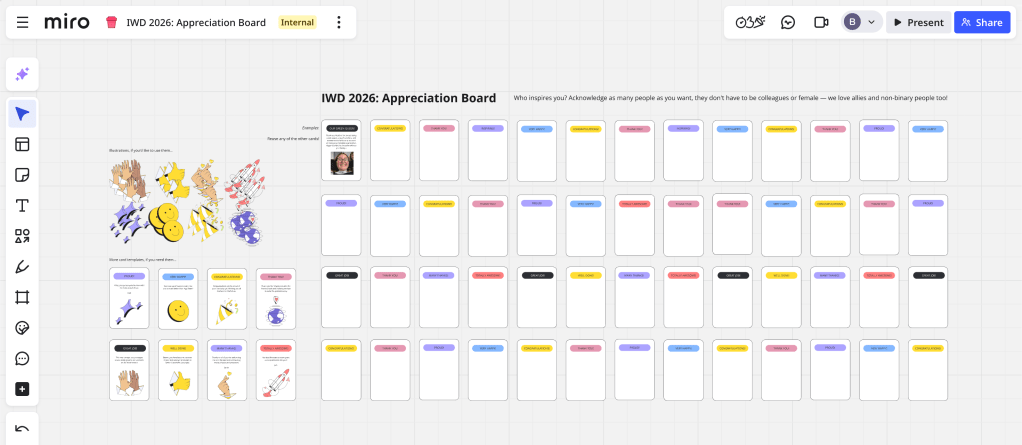 Appreciation board created in Miro, for Hippos to thank and acknowledge women, non-binary people and allies who've supported them